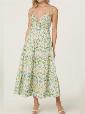 ASTR the Label Tie Strap Tiered Maxi Dress in a yellow floral print.